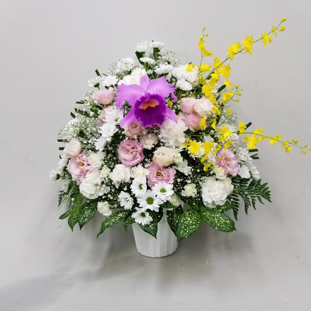 【御供】蘭MIXカーネーションとカスミソウのアレンジメントWP_60_SP-OS