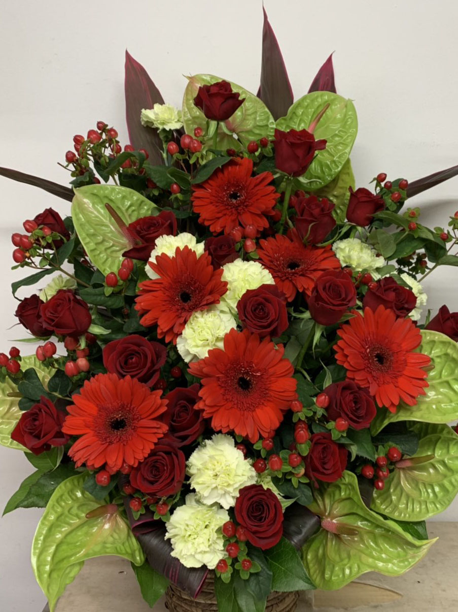 赤と黄緑の背の高いアレンジメント (H70)