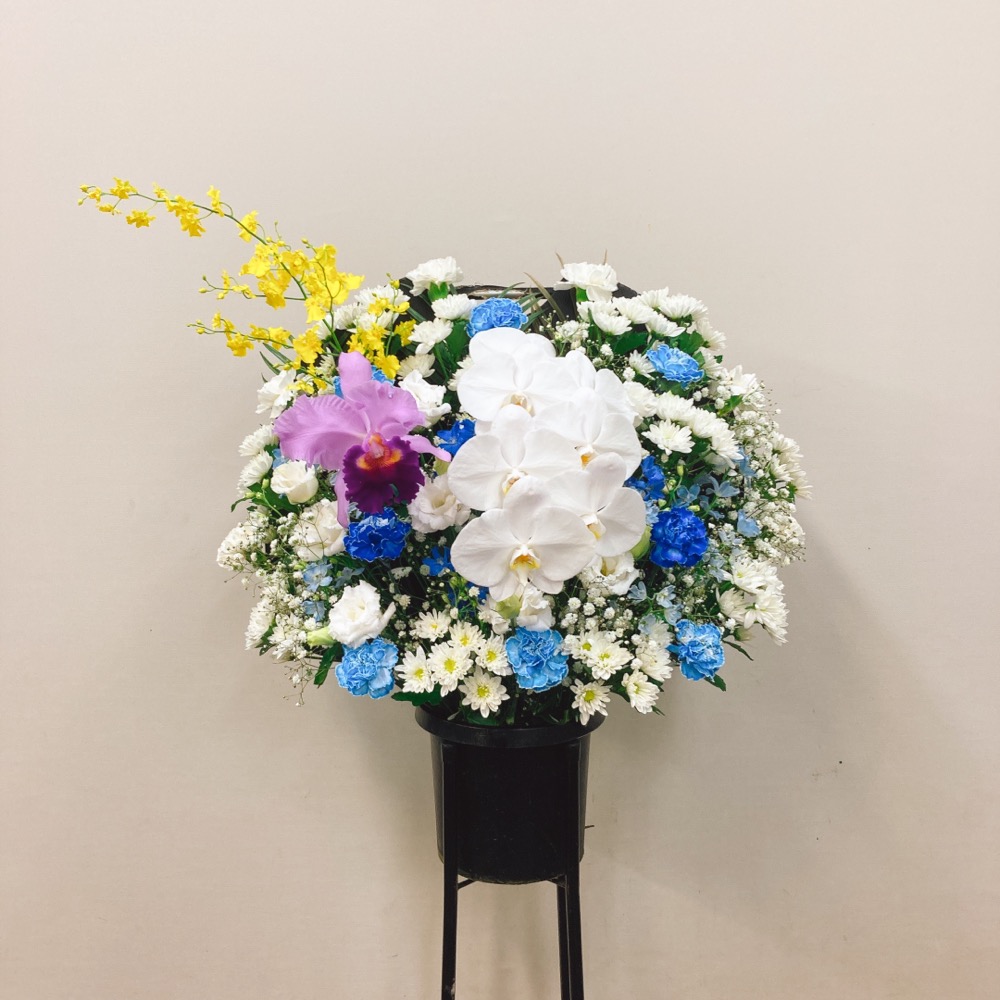胡蝶蘭入り洋花白ブルー御供えスタンド