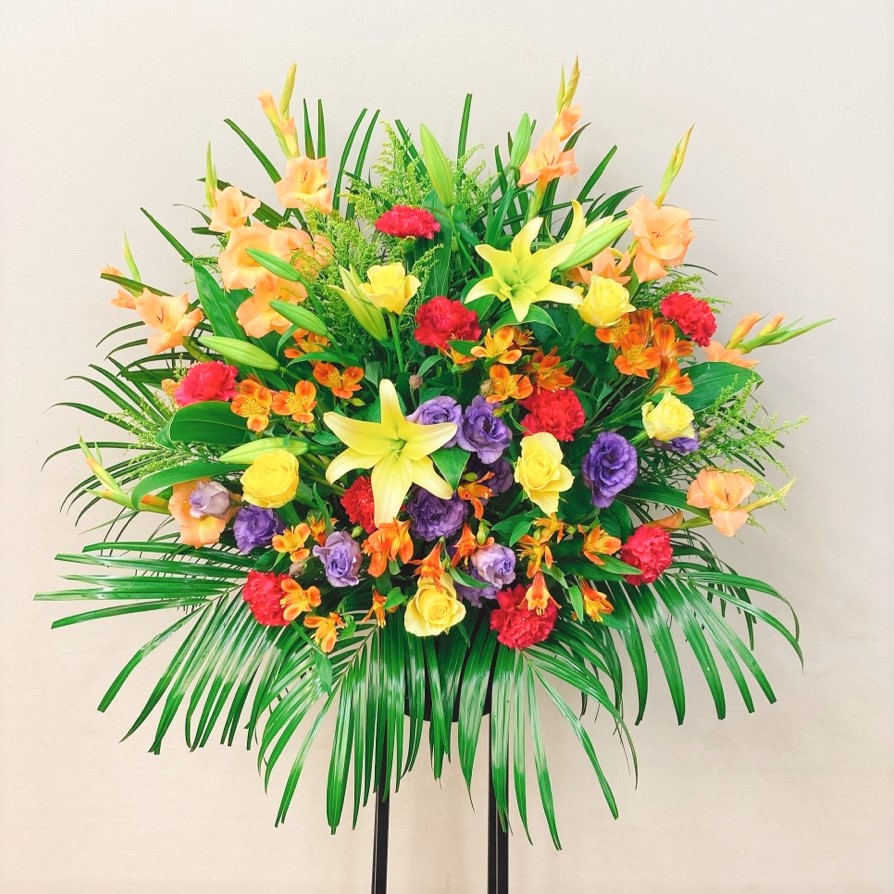 イエローオレンジMIX スタンド花 黒パイプ１段 (H180)