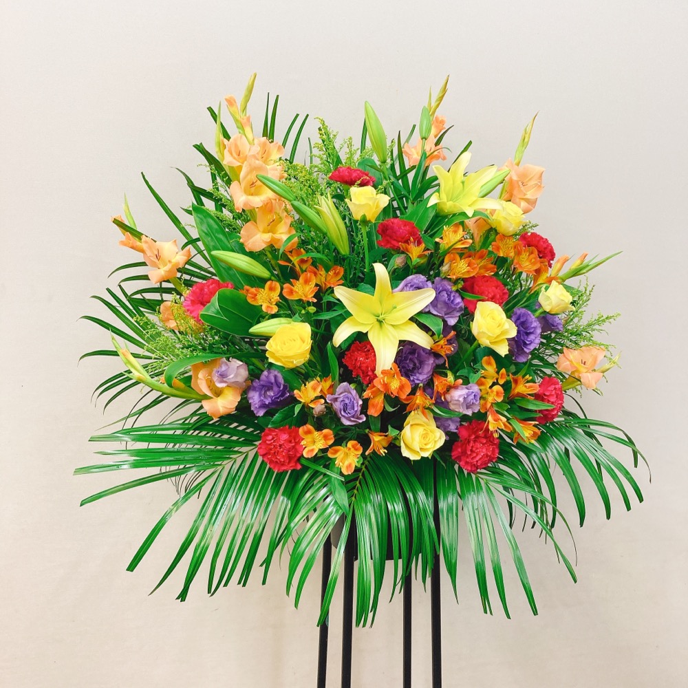 【東京エリア限定】黄色とオレンジと紫の黒パイプスタンド花１段 （H180）【送料込み】