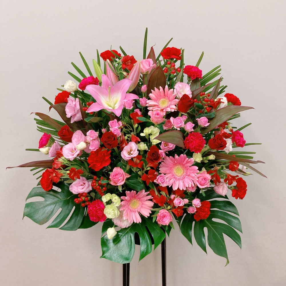 赤とピンク スタンド花 黒パイプ1段 (H185)