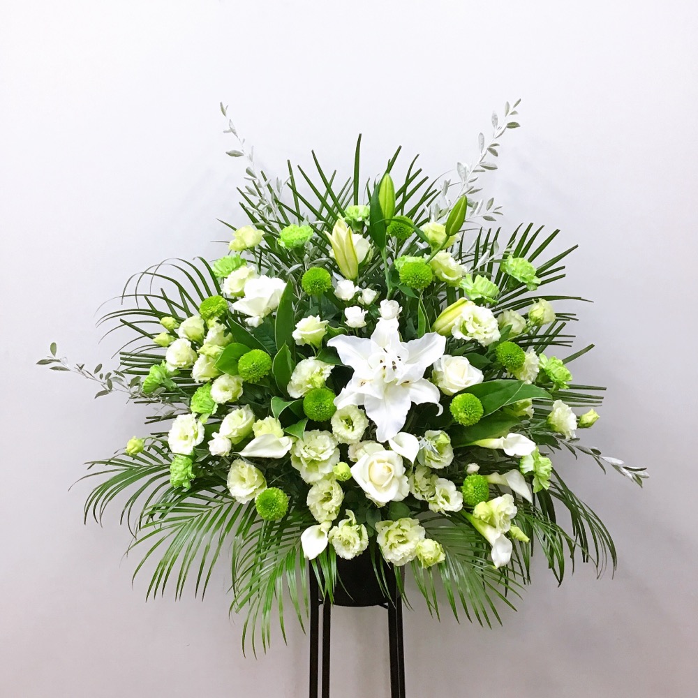 白と黄緑 スタンド花 黒パイプ1段 (H185)
