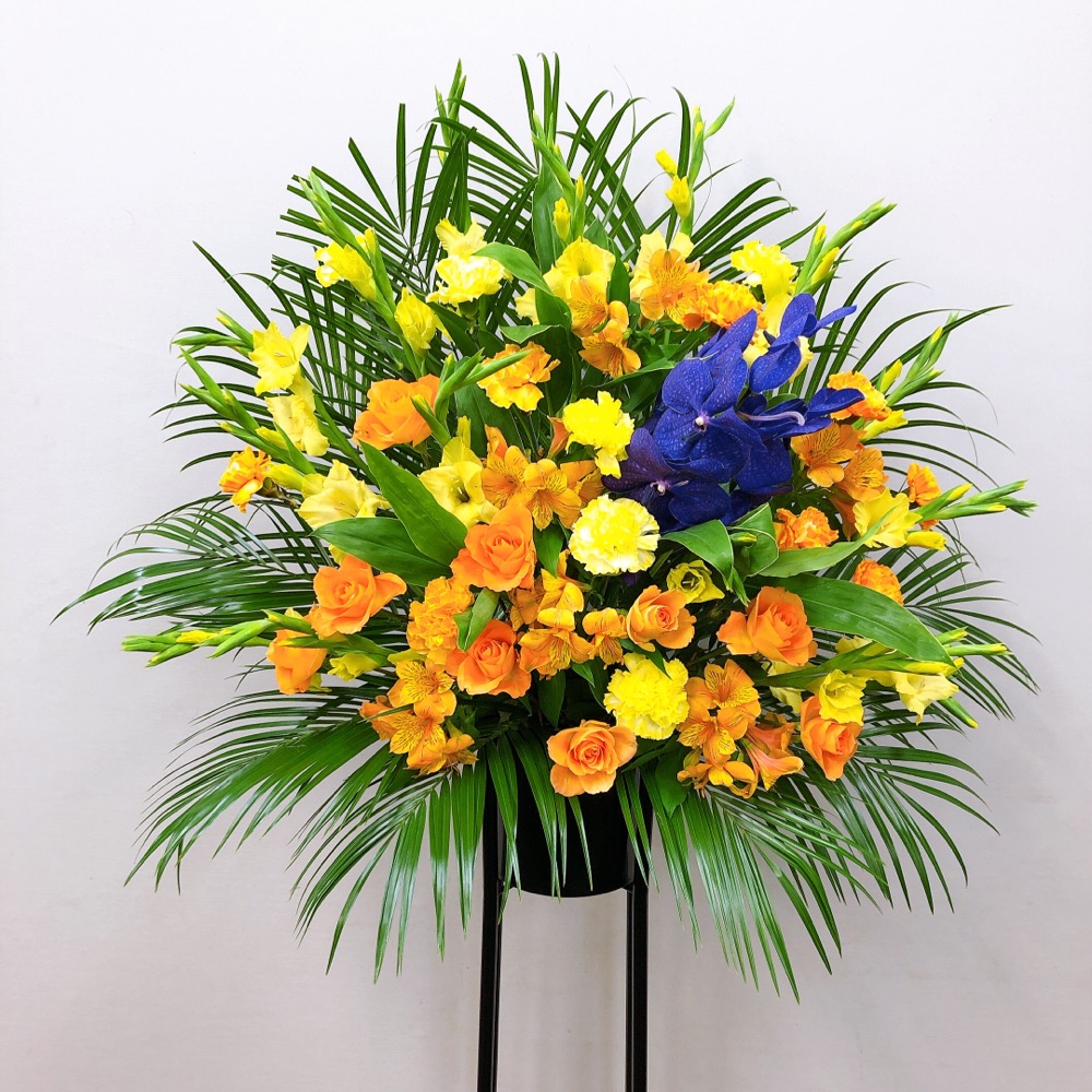 黄色ｘオレンジ 紫ポイント スタンド花 黒パイプ1段 (H185)