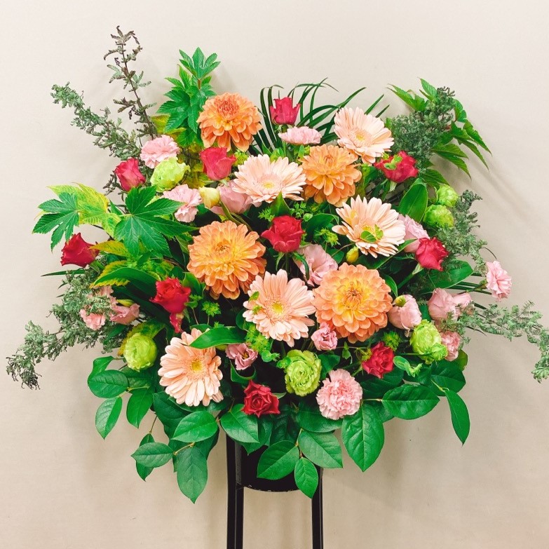 ピンクｘオレンジ MIX スタンド花 黒パイプ1段 (H185)