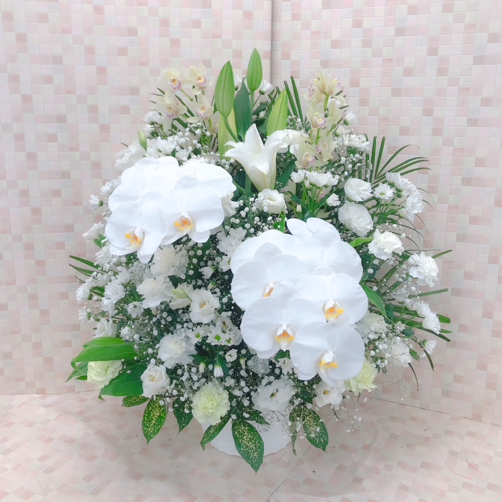 【供花】胡蝶蘭とシンビジウム入りトルコキキョウのスフェアアレンジメント（H75）【送料無料】