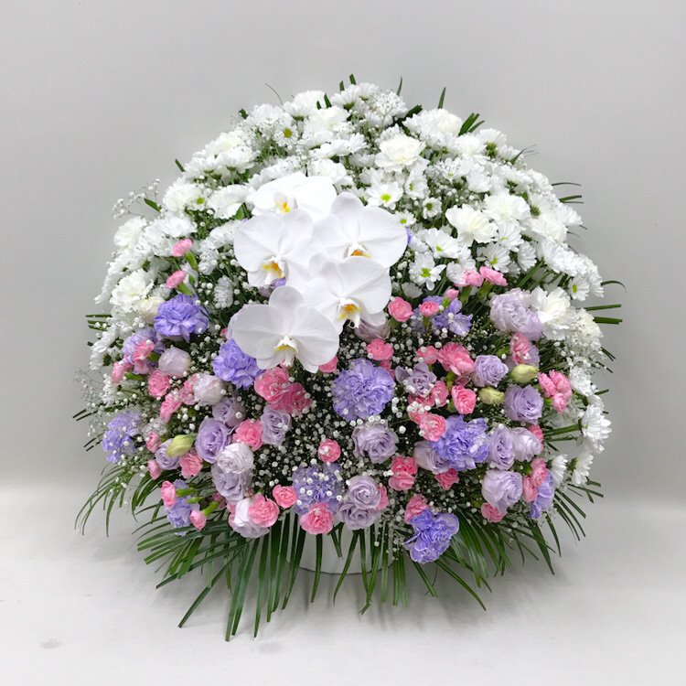 【供花】胡蝶蘭入りトルコキキョウとカーネーションのスフェアアレンジメント〈パープル〉（H75）【送料無料】