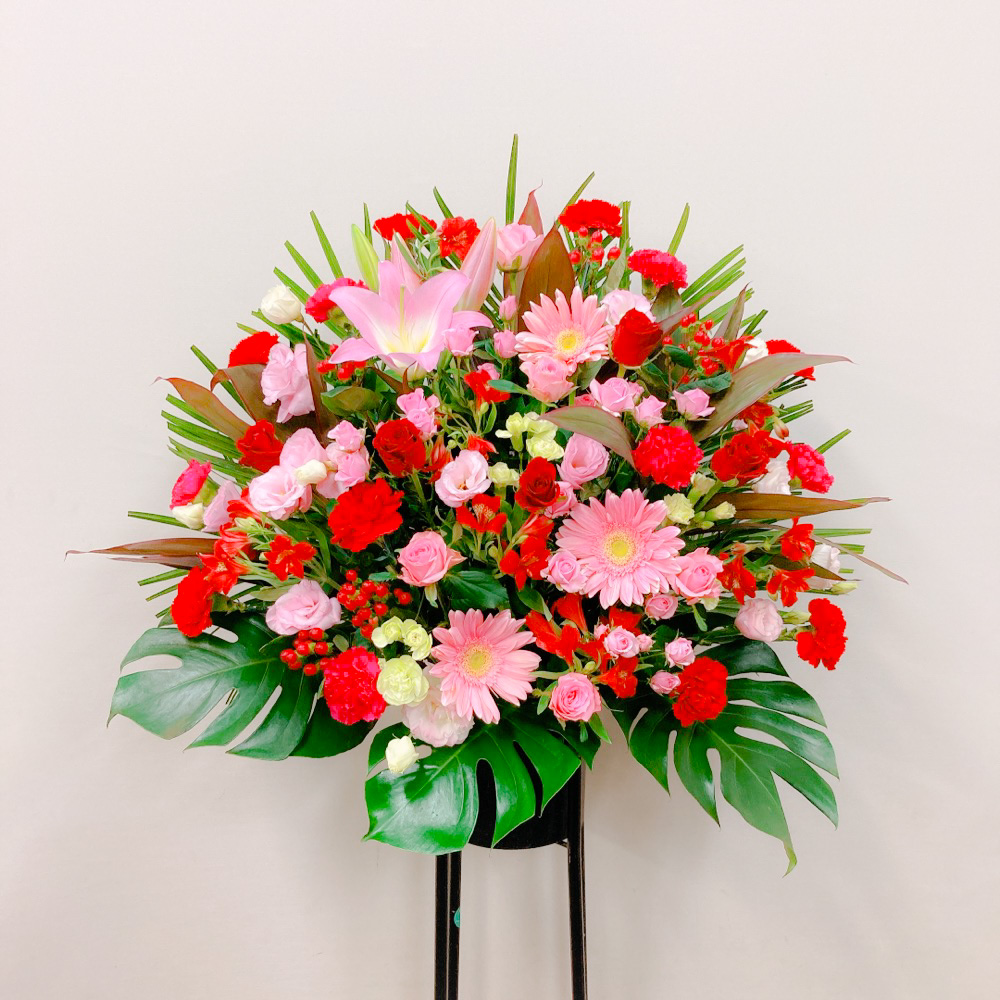 【東京エリア限定】赤とピンクのラウンド型黒パイプスタンド花１段（H185）【配送無料】